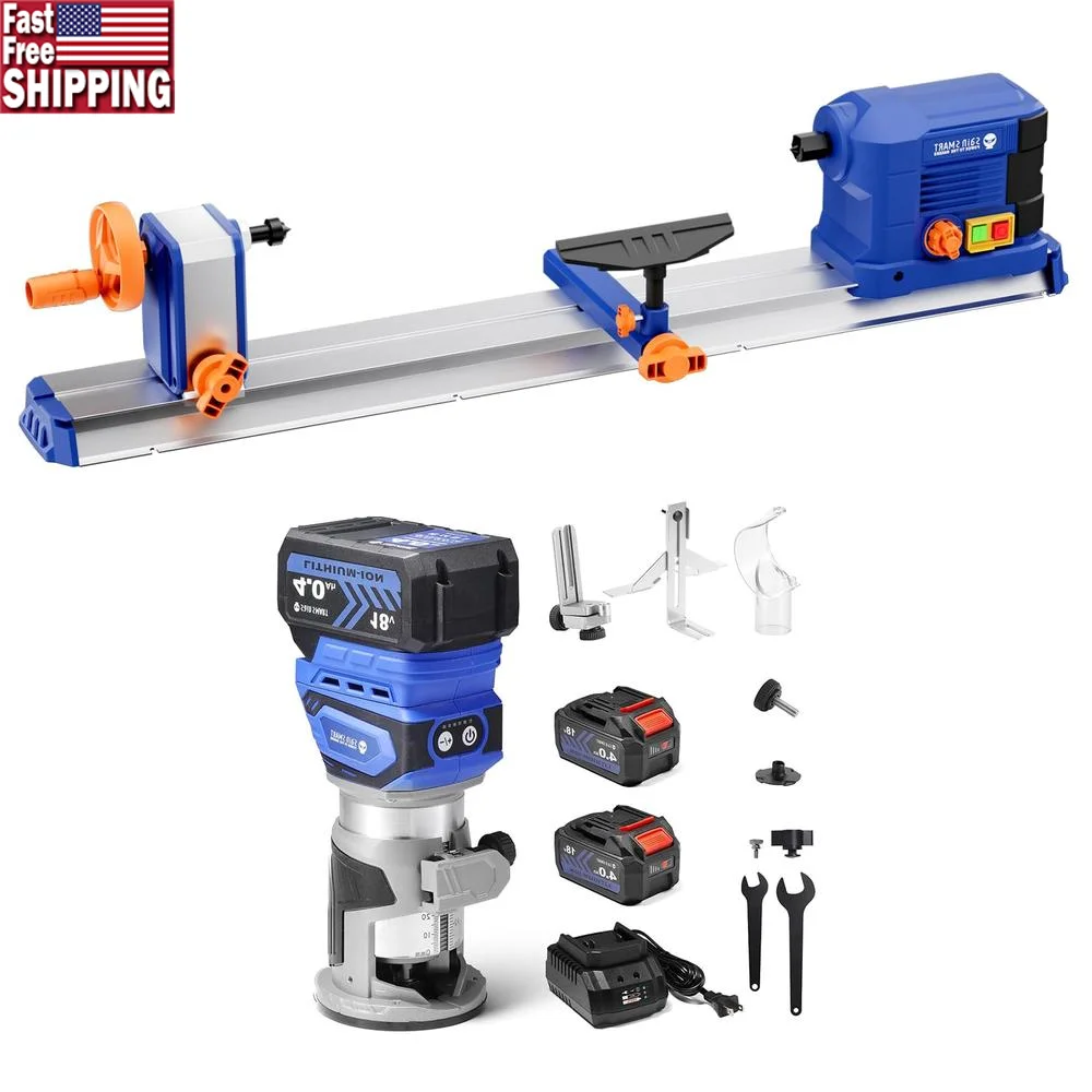 Variable Speed Benchtop Wood Lathe with Cordless Router and 2 Batteries