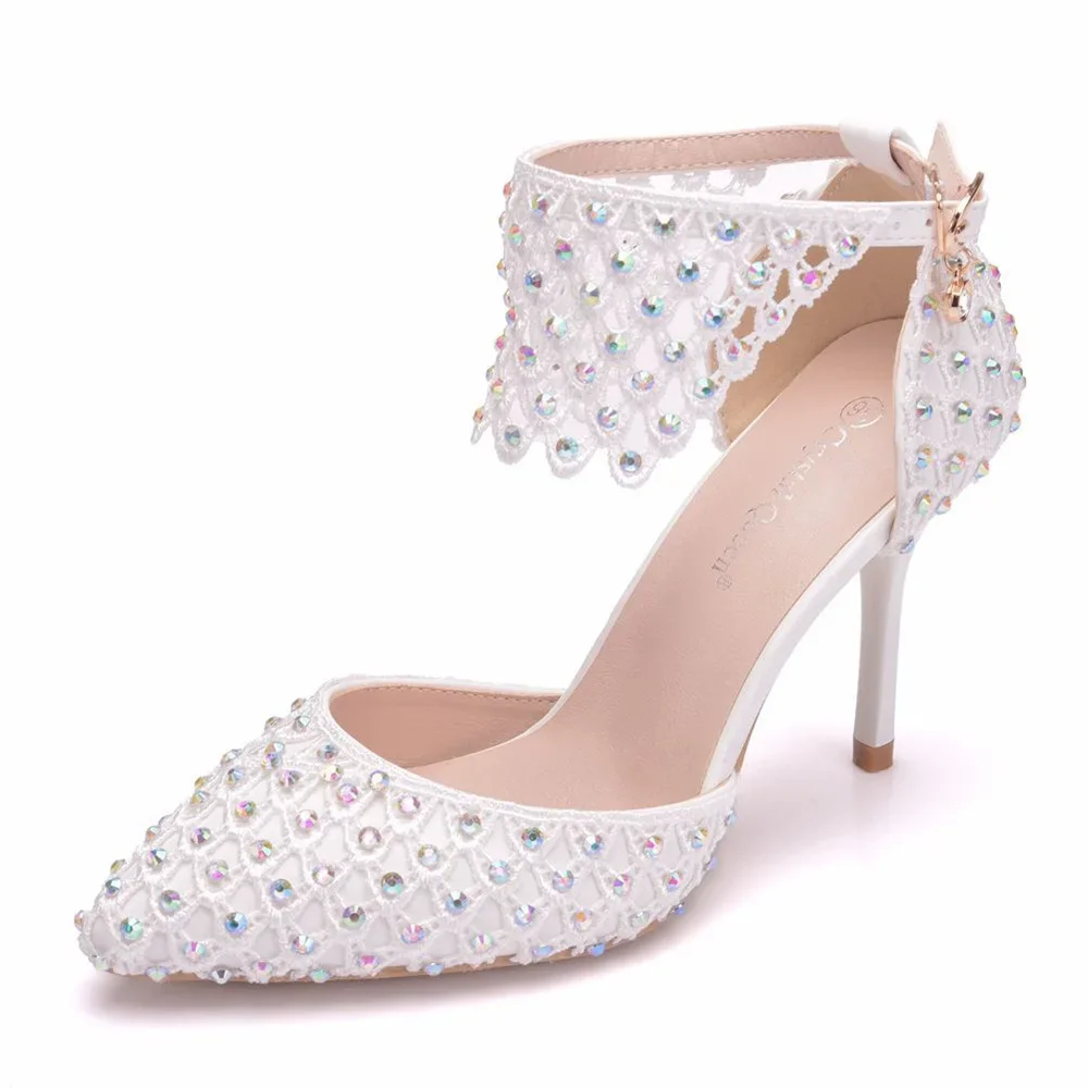 White Lace Flower Wedding Shoes With Matching Bags High Heels Pointed Toe Ankle Strap Ladies Party Shoe And Bag Set Pearl Shoe