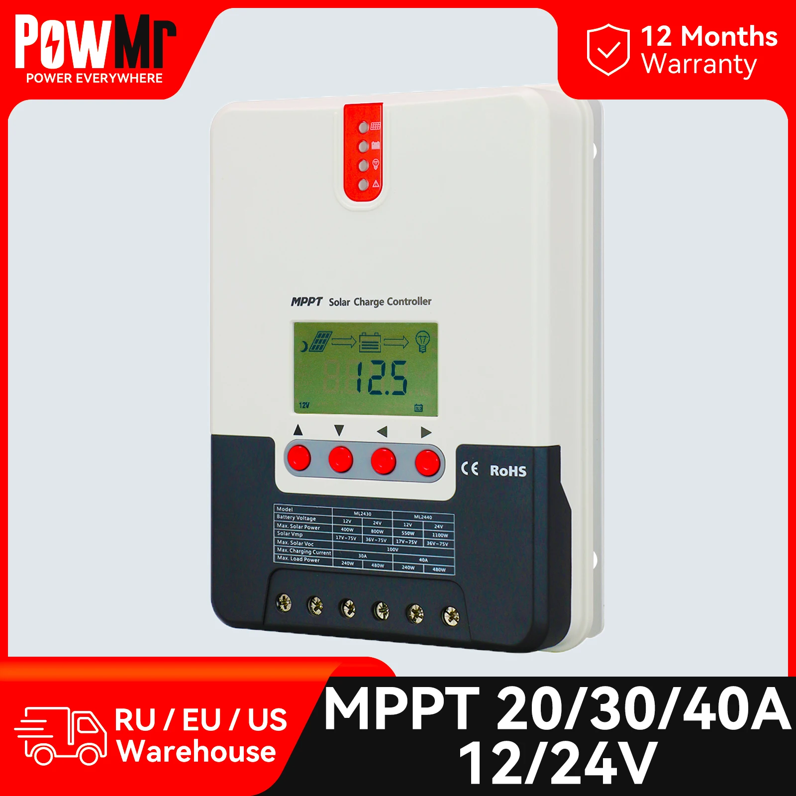 MPPT 20A 30A 40A Solar Charge Controller 12V 24V Compatible with Lithium, Lead-Acid Battery Regulator ML2420 ML2430 ML2440