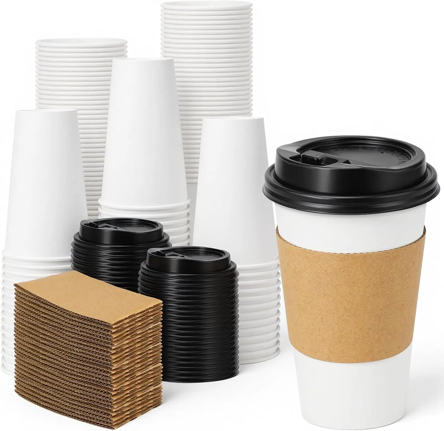 

100 Pack 16 oz Disposable Coffee Cups with Lids and Sleeves, Leak-Proof To Go Paper Coffee Cups with Lids, Hot/Cold Beve
