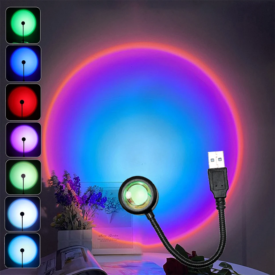 Lámpara de puesta de sol LED USB, proyector de luz nocturna, fotografía, ambiente de pared, luces de neón para decoración de fiesta, dormitorio, decoración de sala de estar