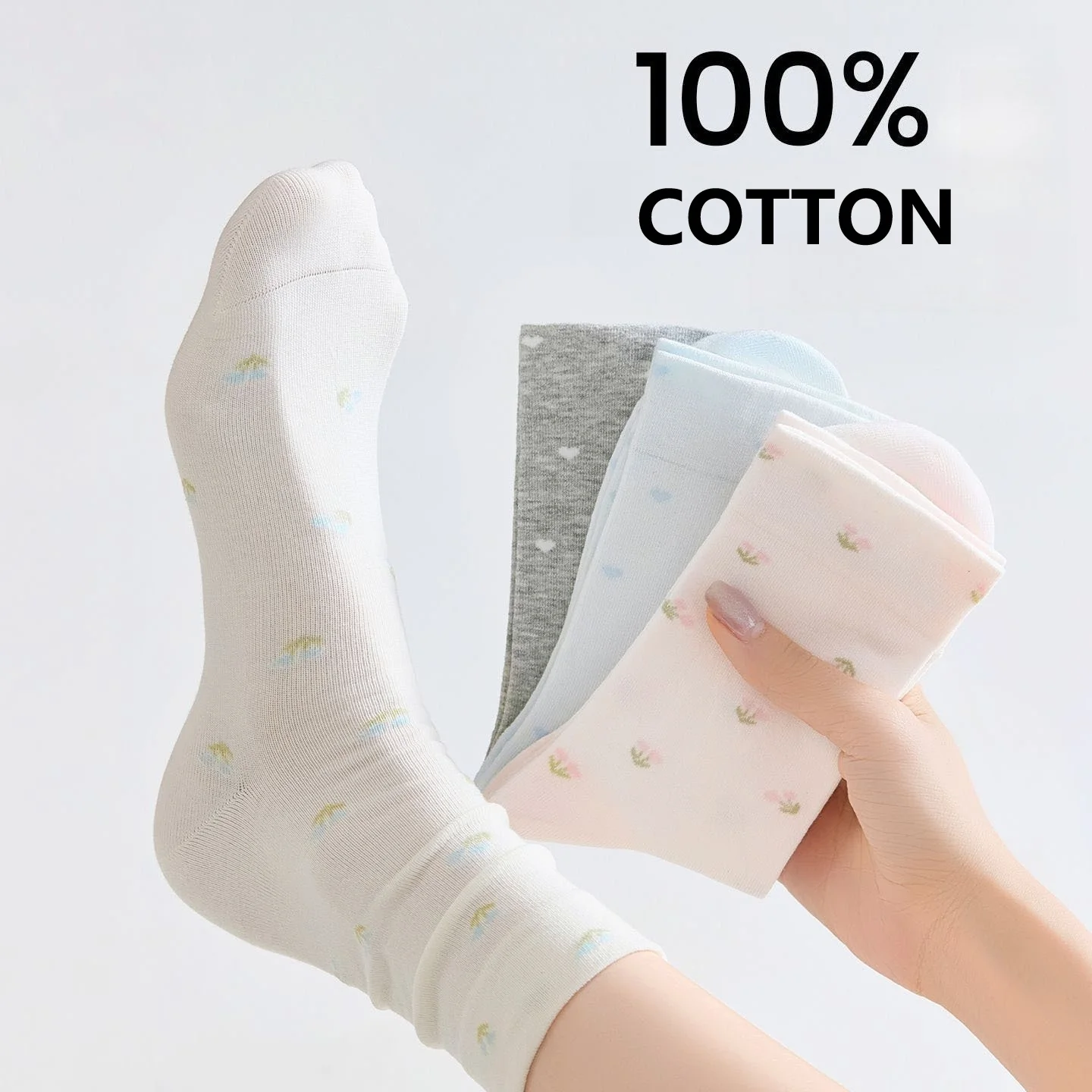 Neue Damen-Socken-Sets aus 100 % Baumwolle für Frühling, Herbst und Winter, mit Blumenmuster, mittellang, niedliche kurze Socken für Damen – Detail 2