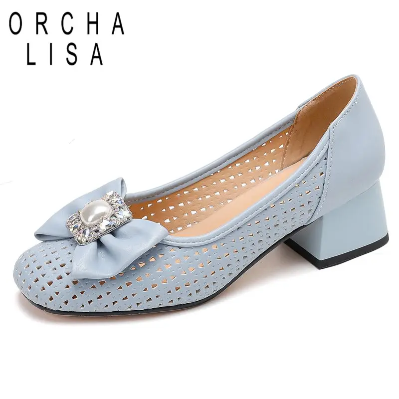 

ORCHA LISA, новый дизайн, женские туфли-лодочки с квадратным носком, блочные каблуки 4,5 см, дышащая повседневная обувь без шнуровки с бантом и кристаллами, большой размер 46 47 48