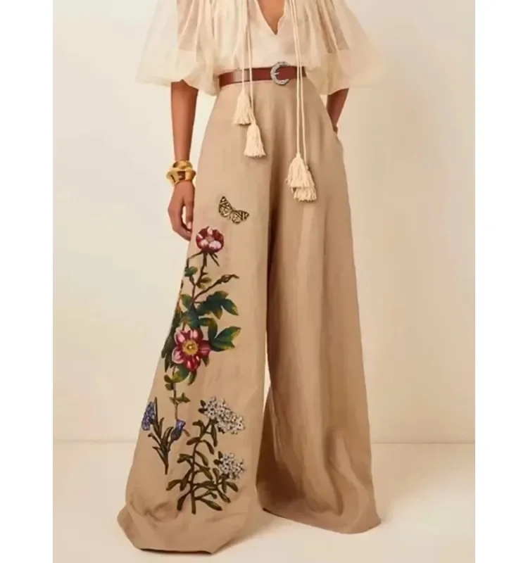 Modigirl Women\'s Wide Leg Pants With Belted 2025 Spring Summer Floral Printed Loose Vintage High Waisted Casual Trousers Woman