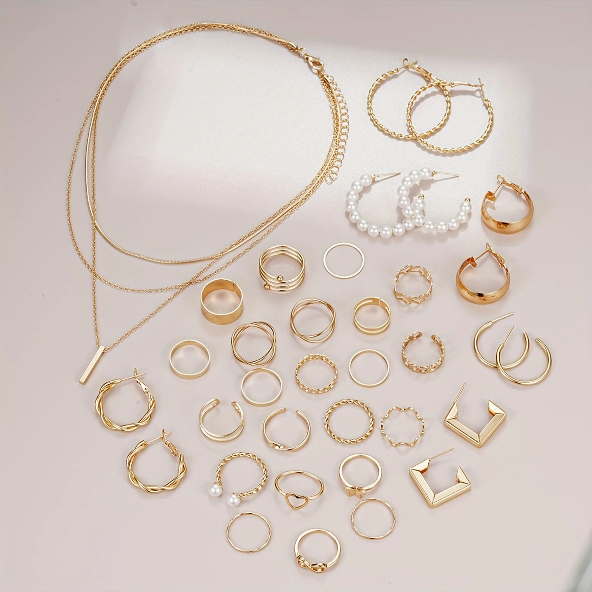 35-piece Jewelry Set Lovely Atmosphere Lady Punk Pearl Metal Ring Earring Necklace Set