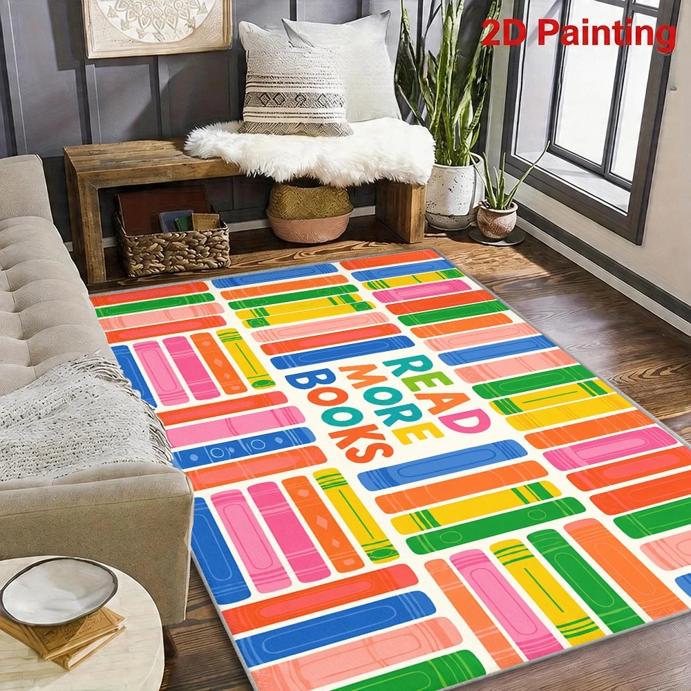 Book Spine Pattern Area Rug Colorful Inspirational Reading Library Style Living Room Study Bedroom Floor Carpet Mat Home Decor
