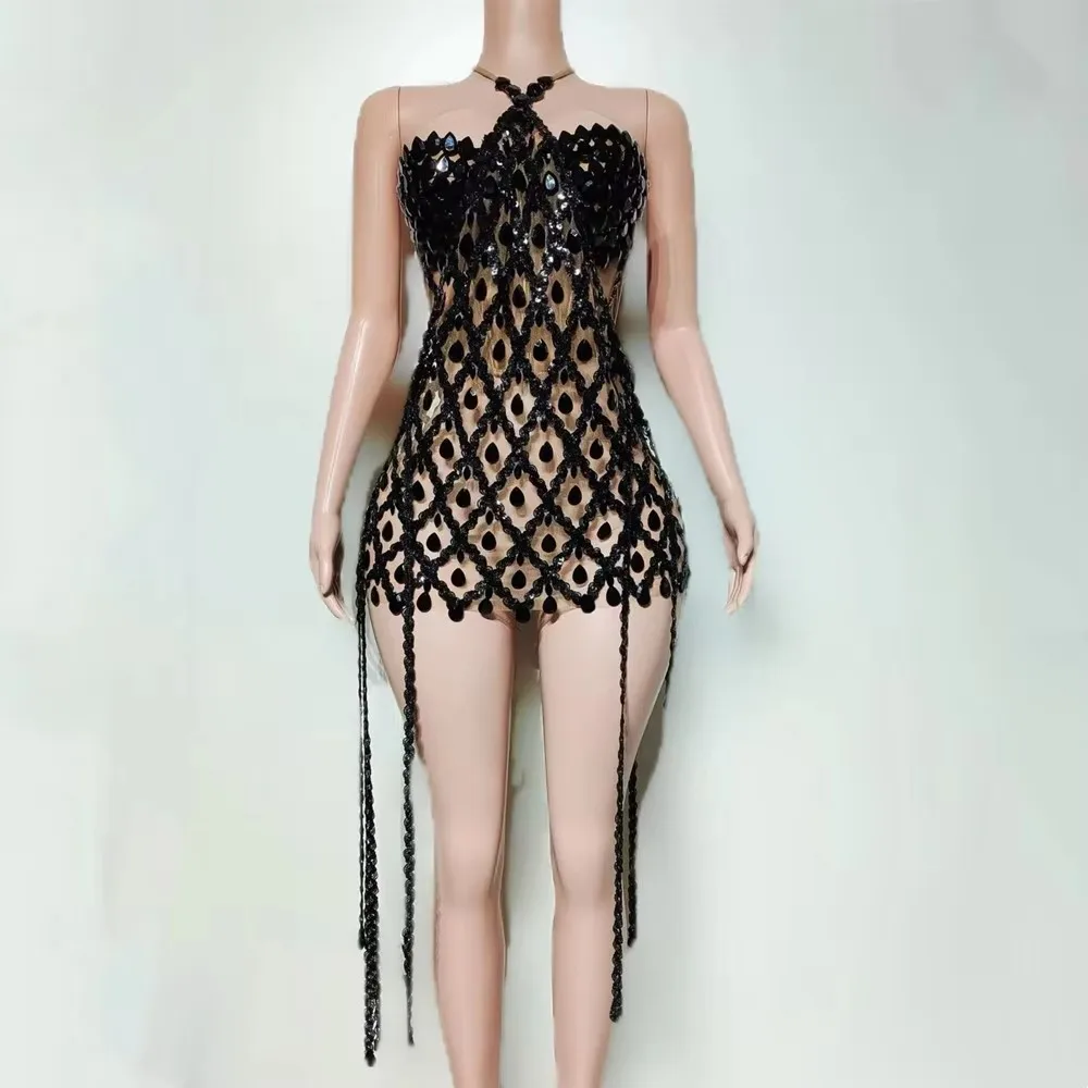 Women's Sexy Mini Dress Black Rhinestones Mesh Club Party Birthday Nightclub DJ Singer Stage Performance Fashion Costume