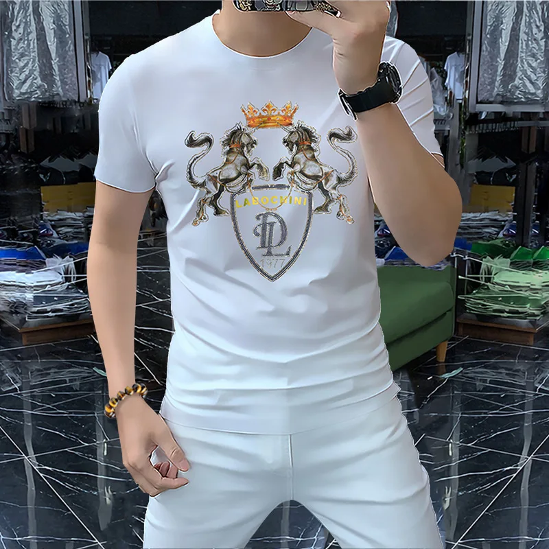 Summer New Men's T-shirt Fashion Hot Diamond Lion Half Sleeve Round Neck Shirt Trendy Brand Male Bottom Tops Man Clothing