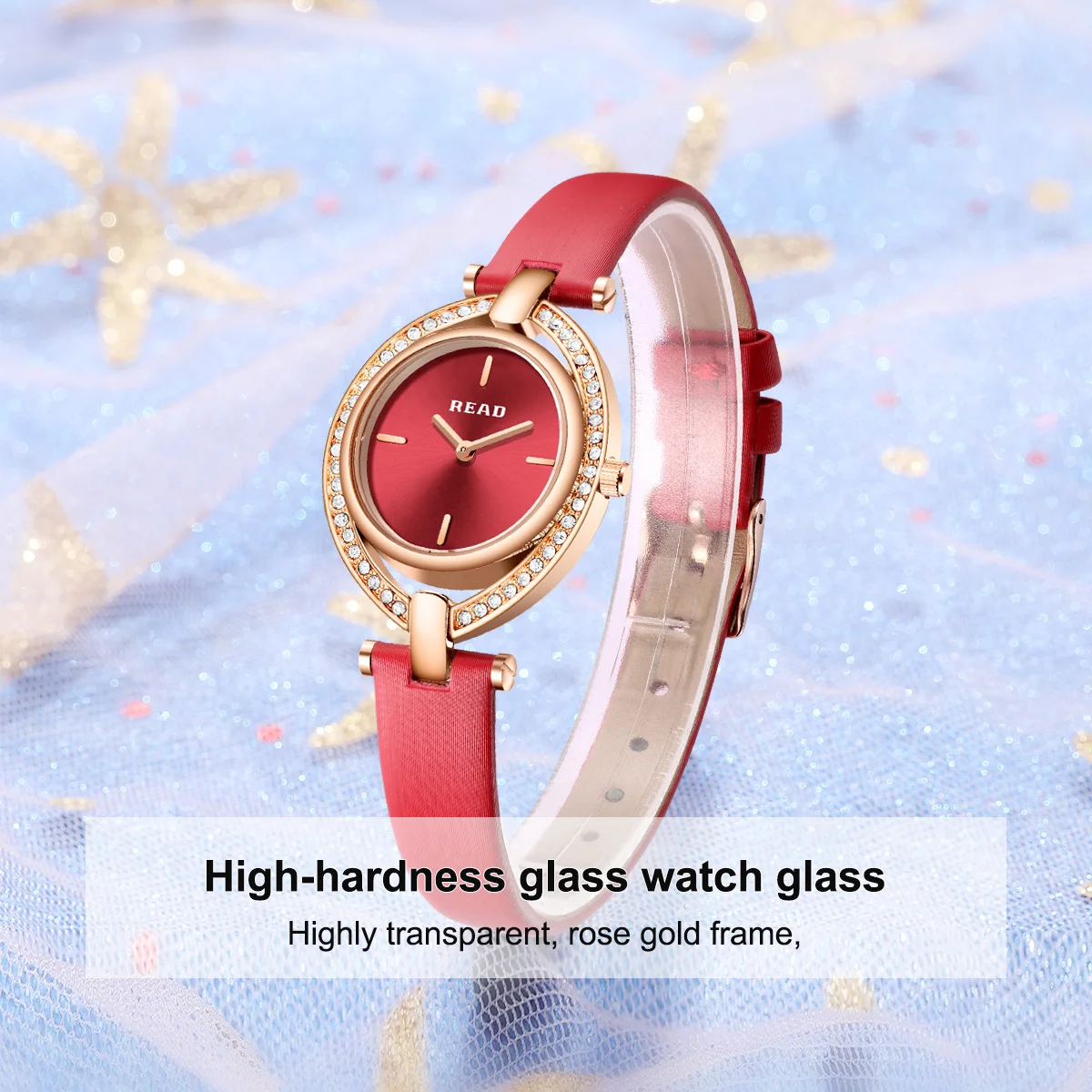 READ Women Oval Quartz Watch | Hollow Outer Bezel | Sunburst Red Dial | Red Textured Strap | Daily Water Resistant Ladies Watch