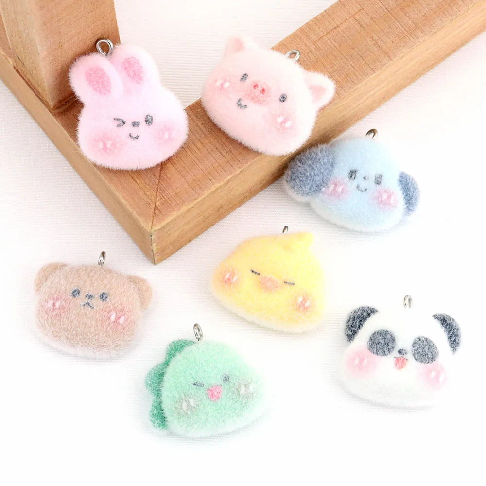 

7Pcs Cartoon Cute Flocked Small Animal Pendant Resin Charm DIY Phone Bag Keychain Accessories