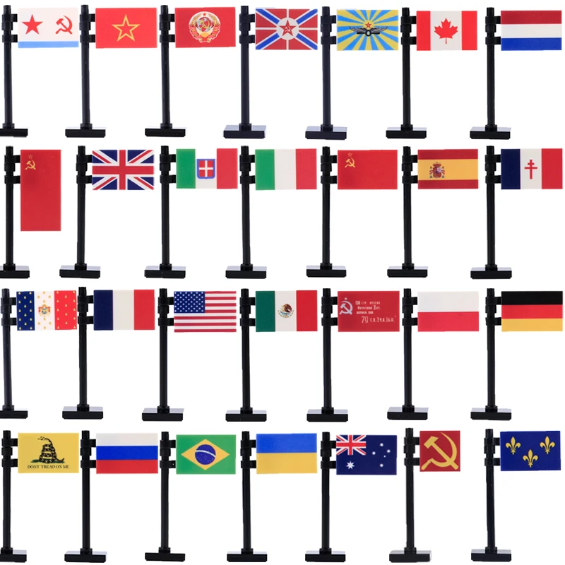 MOC Military Flag Building Blocks National Flags Flagpole USA British Flag Printed Accessories Compatible Bricks Toys Kids Gifts