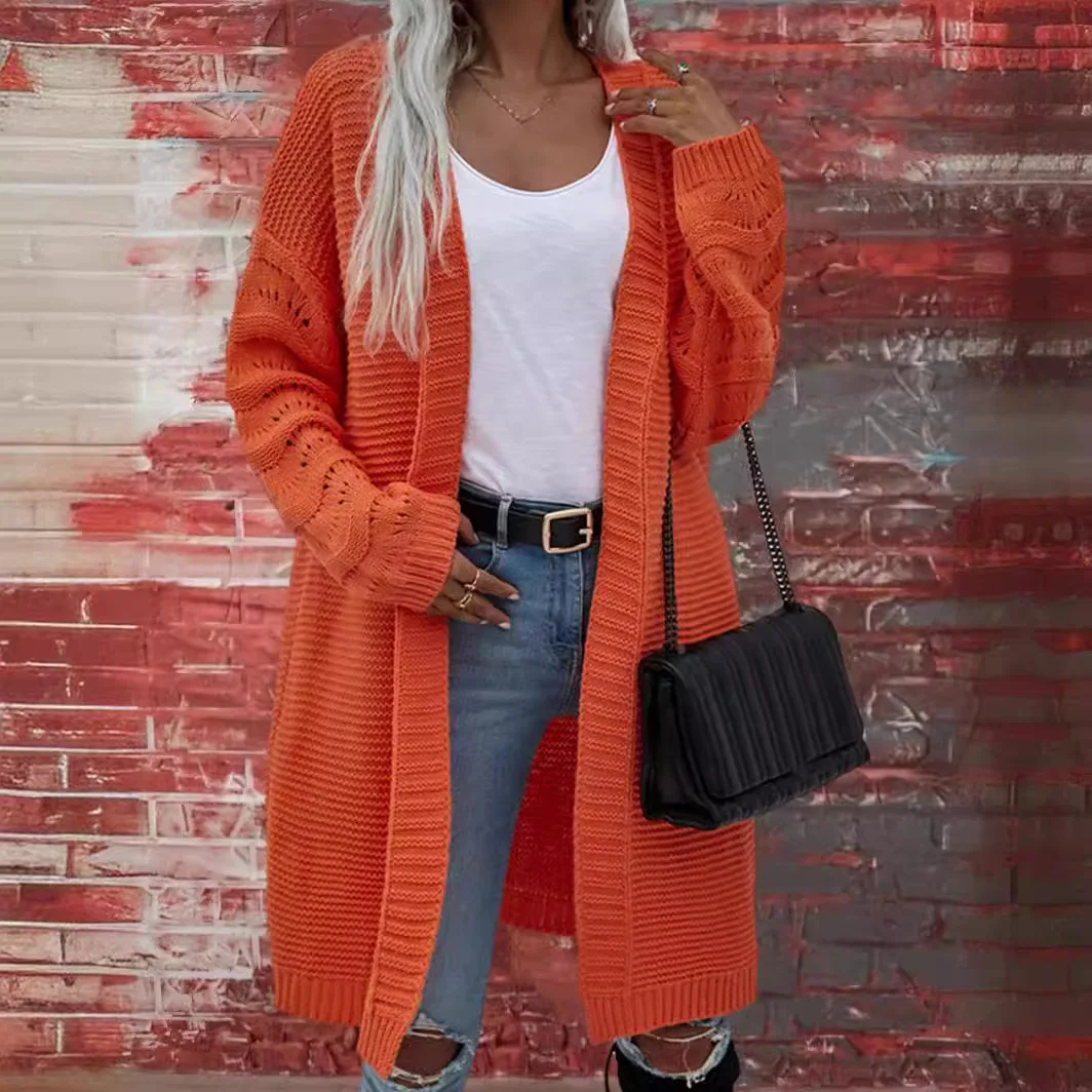 Sweater Long Cardigan Solid Color Women's Knitted Cardigan Medium And Long Women's Clothing