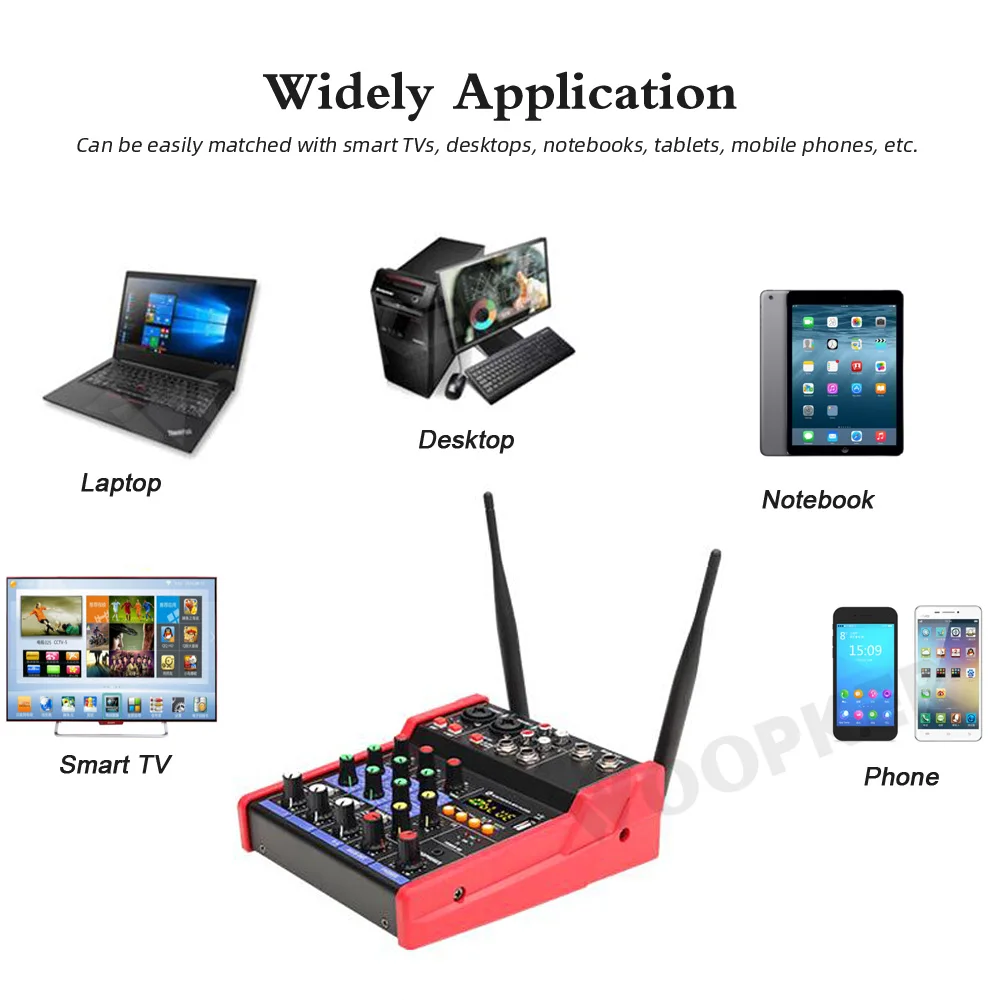 Woopker-Console Mixer Áudio com microfone sem fio, mistura de som, Bluetooth, entrada USB, DJ Mixer, 4 canais