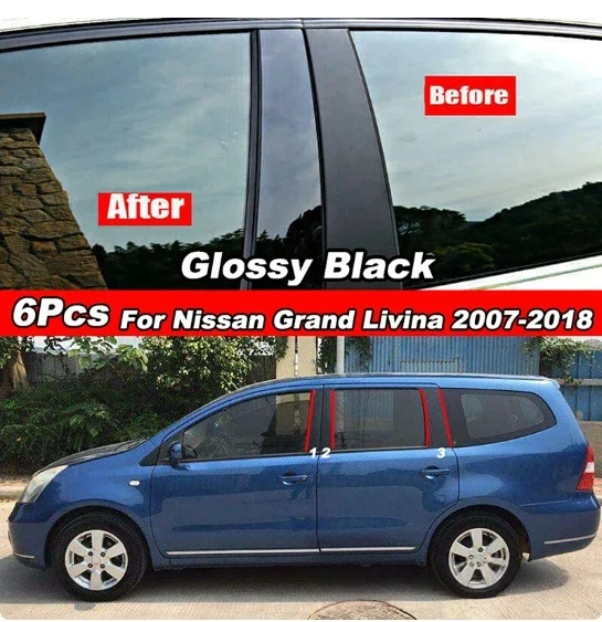 

For Nissan Livina car window decoration side door frame cover bright black center pillar sticker from 2007 to 2018