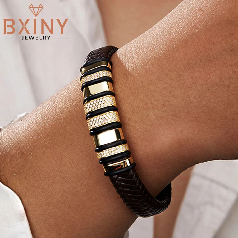 

BXINY Luxury Moissanite Leather Cuban Bracelet 925 Sterling Silver for Woman Man Hiphop Lab Diamond Hand Chain Fine Jewelry Gift