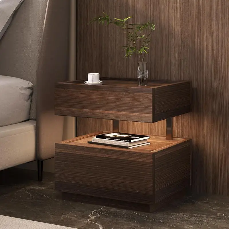 Italian minimalist bedside table modern suspended solid wood bedside cabinet plus sensor light bedroom building block locker
