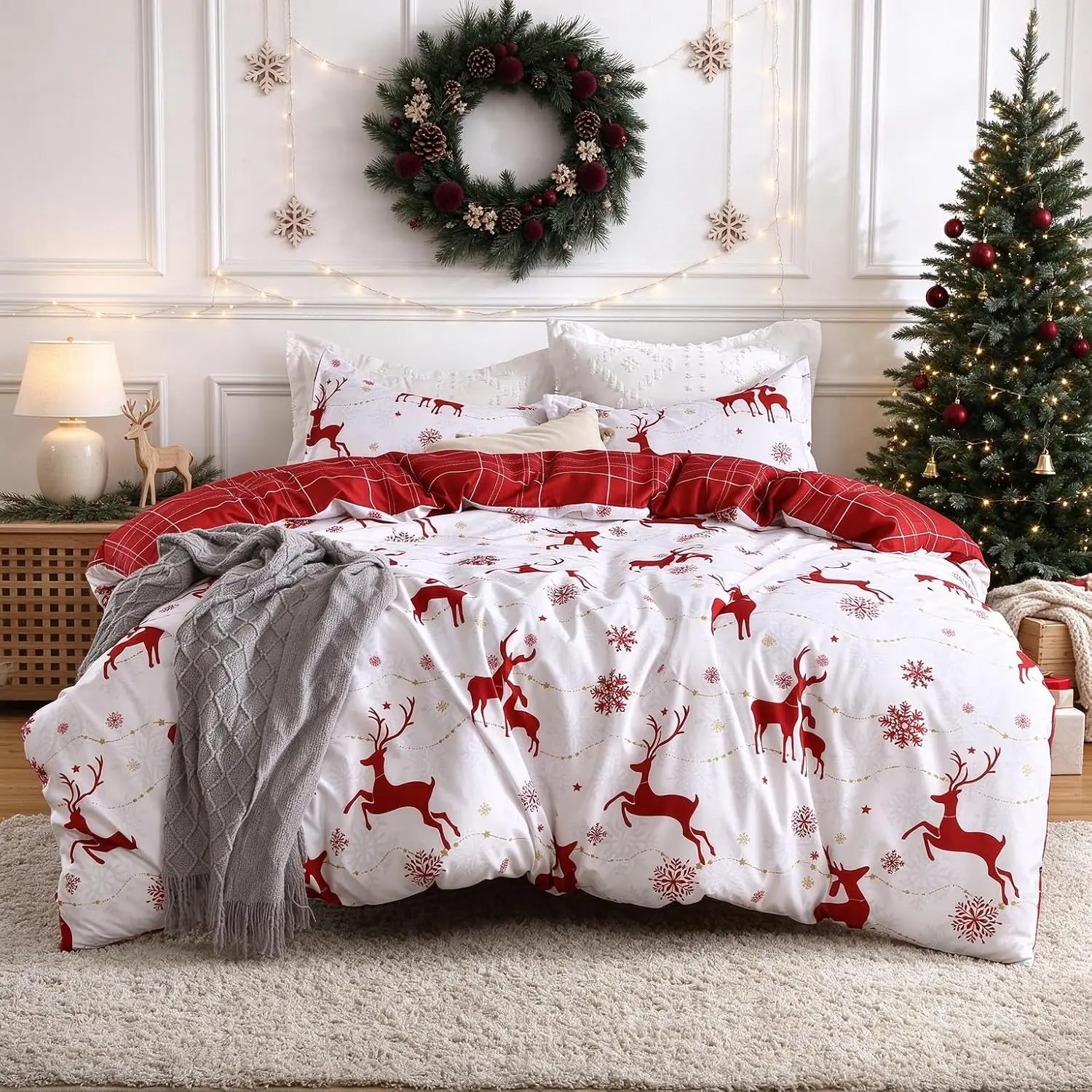 Christmas Duvet Cover Set Reindeer Christmas Bedding Reversible Christmas Duvet Cover Set Red Reindeer Snowflake Print Bedding Set, Soft Washed Cotton Feel Holiday Bedding
