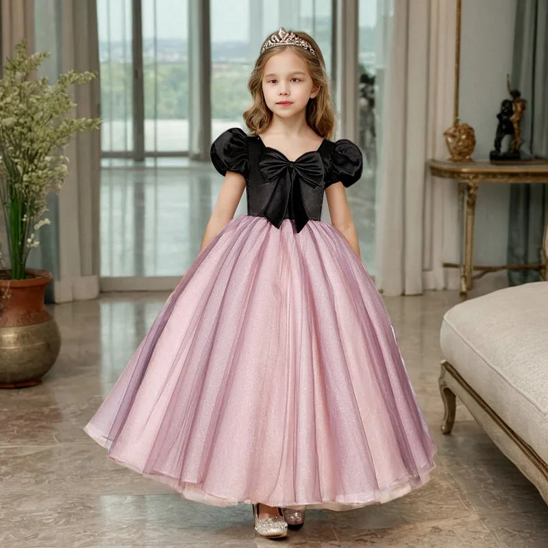 French Hepburn style long sleeve girl dress birthday high-end princess dress Pink Dress