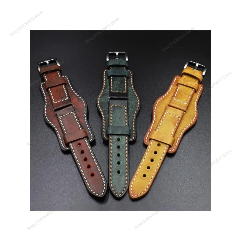 For Suitable for Pnh Handmade Retro Leather Strap, Bottom Tray Cowhide Leather Watch Strap 22 24mm
