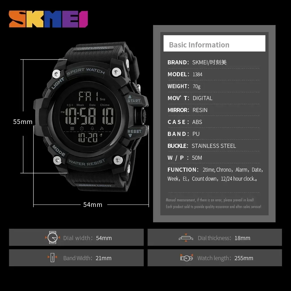 SKMEI-reloj deportivo para hombre, cronómetro con cuenta regresiva, Digital, suave, a prueba de golpes, 2 veces, 1384