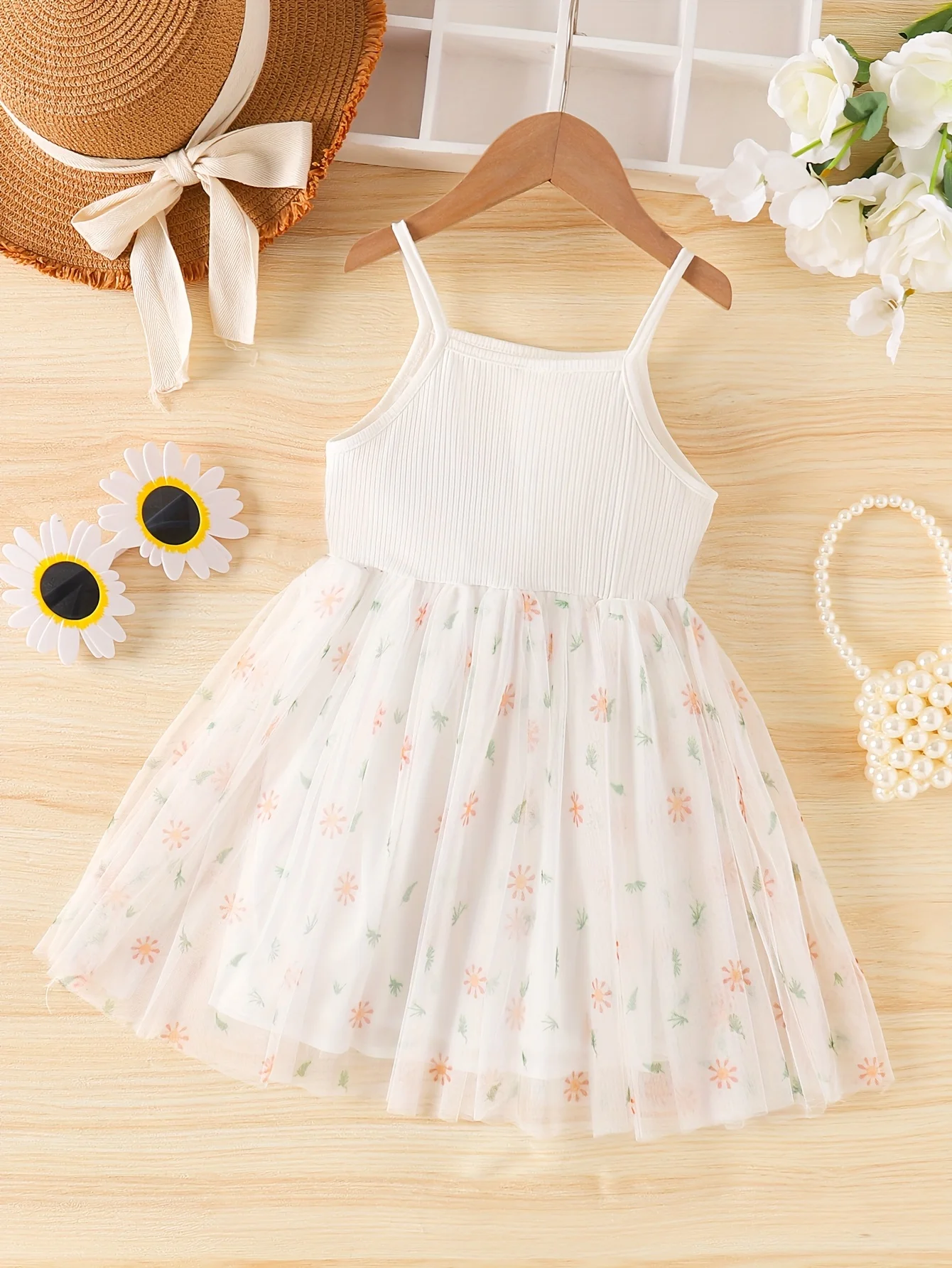 White Camisole 3D Flower Dress - Floral Tulle Hem Girls’ Fairy Sweet Princess Gown
