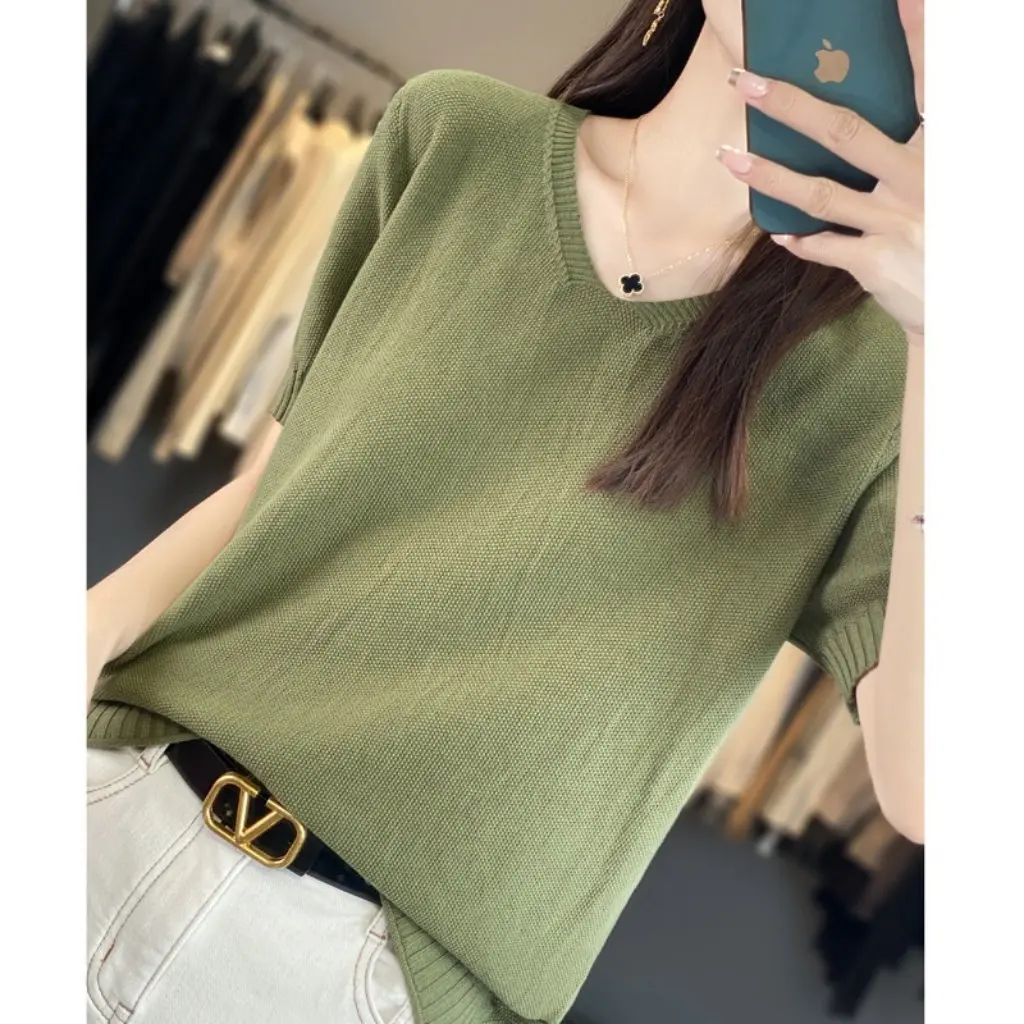 

Women's V-neck Short-Sleeved Sweater Trendy Korean-Style Loose Base Shirt T-Shirt for Spring Autumn Winter All-Match