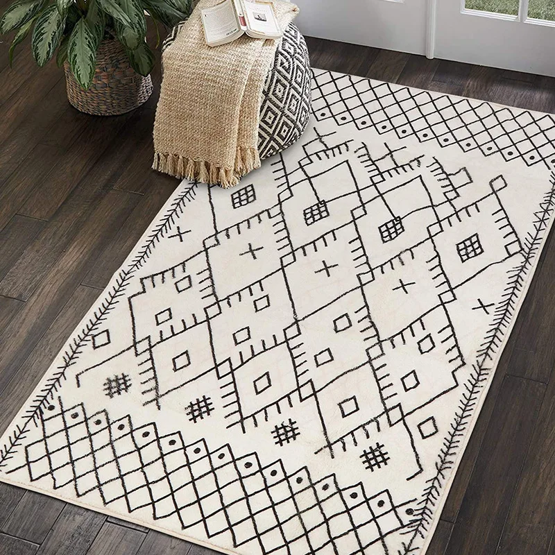 Nordic White Black Geometric Pattern Rug Carpet Home Bedroom Bedside Floor Mat Absorbent Non-Slip Thicken Rug Morocco Home Decor