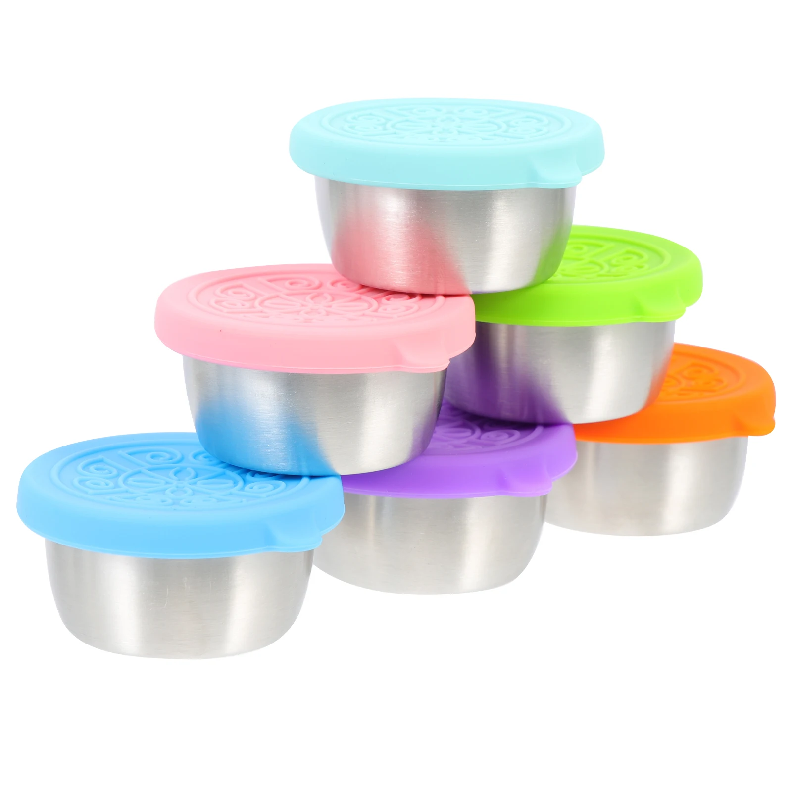 6 ensembles de gobelets à tremper en acier inoxydable, petites tasses à Sauce, conteneurs d'assaisonnement en métal, couvercle, récipient à condiments réutilisable en Silicone facile