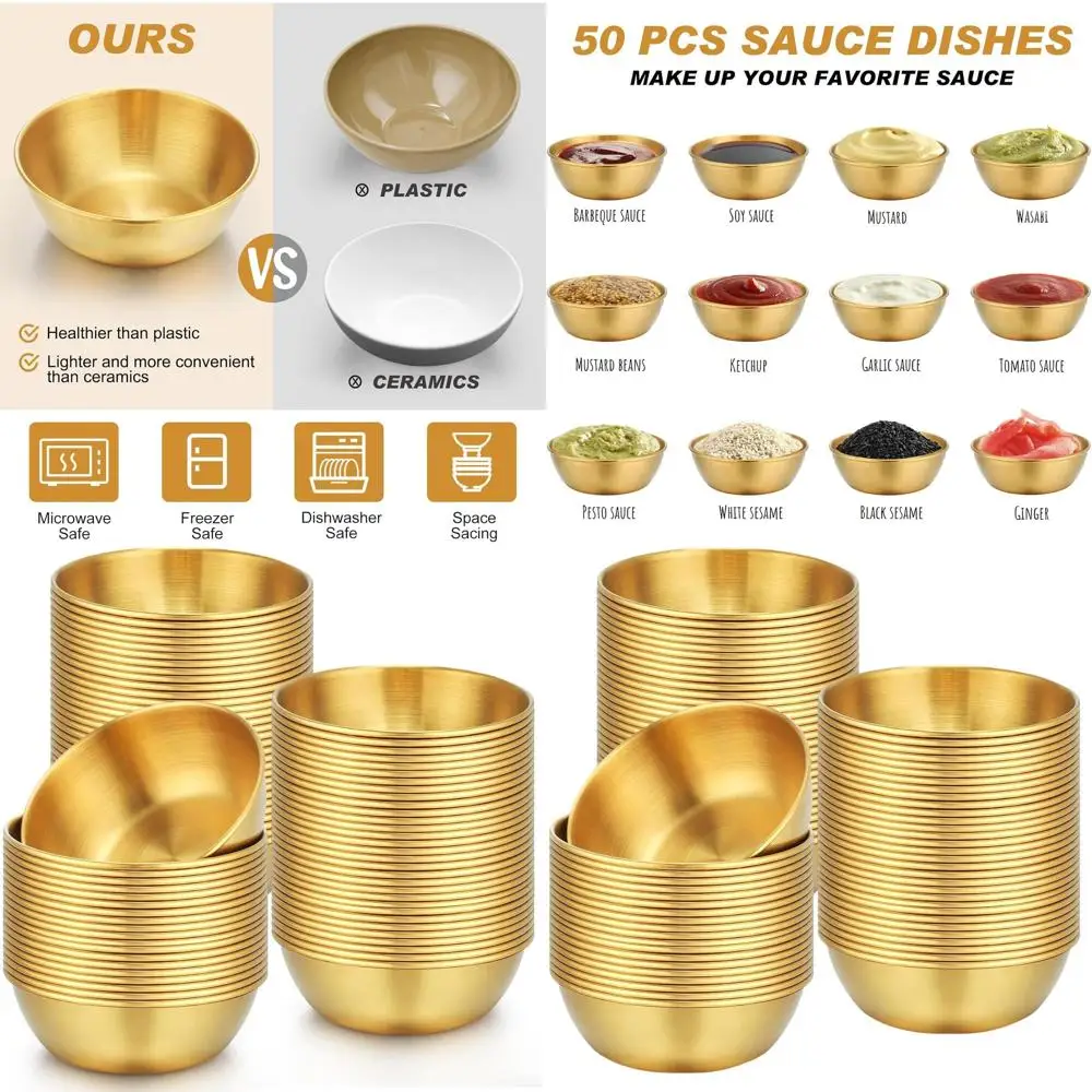 

Набор из 50 мини-соусниц из нержавеющей стали, 3,2 дюйма, круглые, для приправ, суши, кухни и вечеринок (золото)