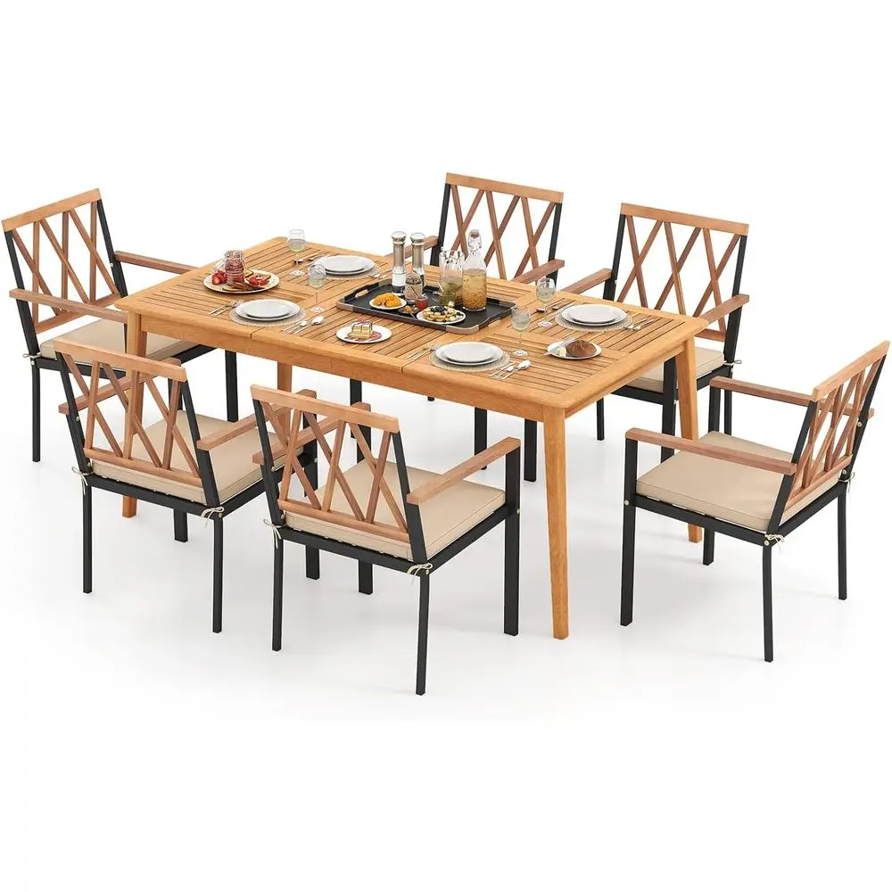 

7 Piece Wood Outdoor Dining Set or 6, Recular Patio Acacia Wood Table Set with 6 Cushioned Chairs, Umbrella Hole, Heavy Duty Met