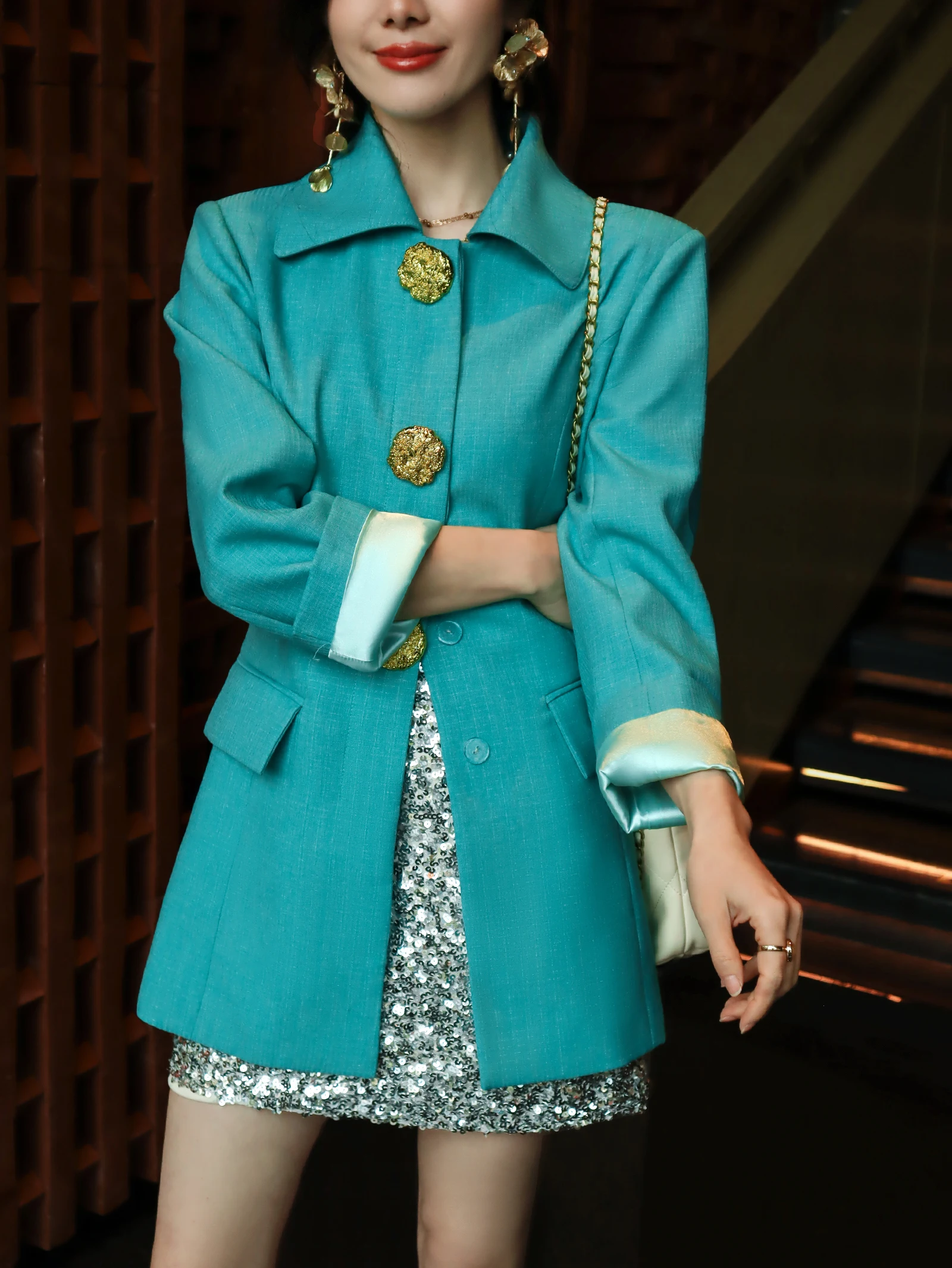 

Ele Peaco Blue Silk Blend Coat with Metal Bule Turn-down Collar Vintage Aosphere Quali Windbreaker Women's Faion