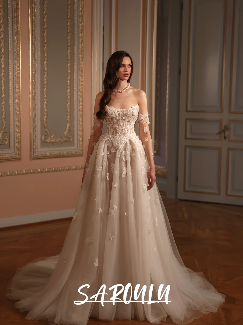 

Newest Strapless Floral Wedding Dress, Modern Elegant A Line Corset Bridal Gown, Customized Stunning Sheer Glam Bride Wear