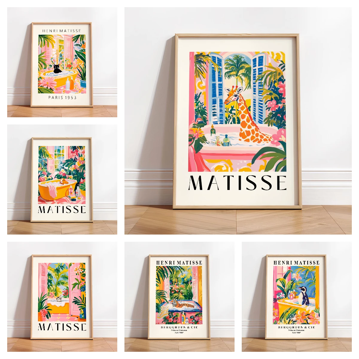 Matisse Style Series Animal Bathing Canvas Wall Art Poster, Unframed Modern Black Cat Bath Canvas Prints for Bathroom Decortions
