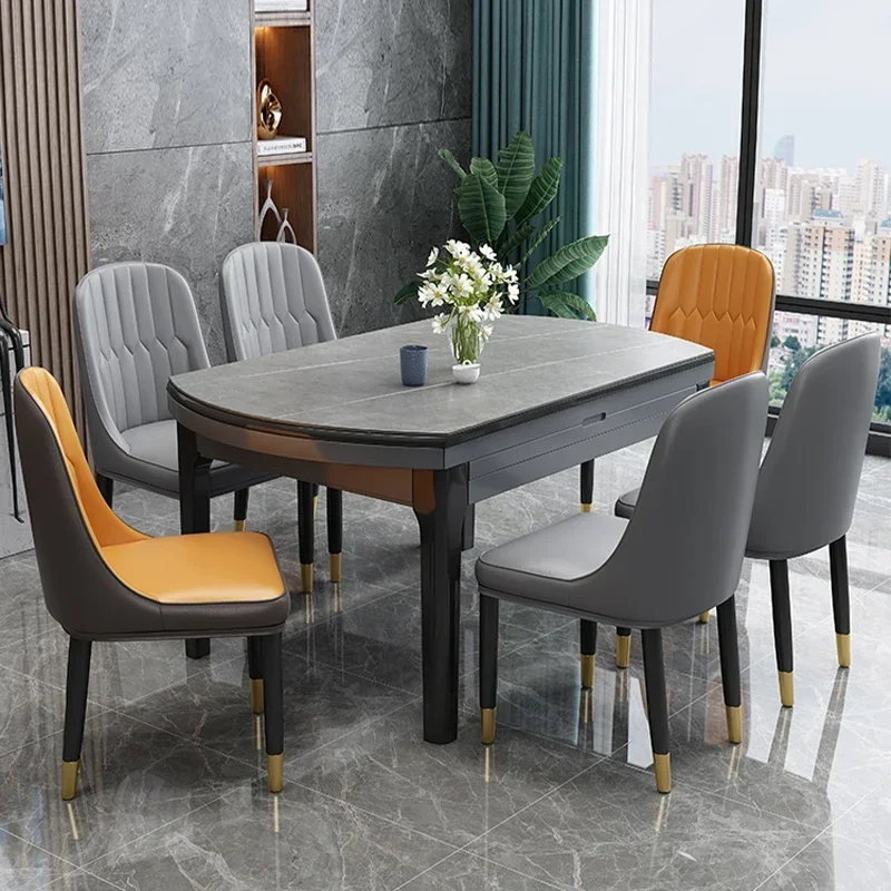 Solid Wood Rock Plate Dining Table and Chair Combination Modern Simple Folding Telescopic Light Luxury Variable Round Desk