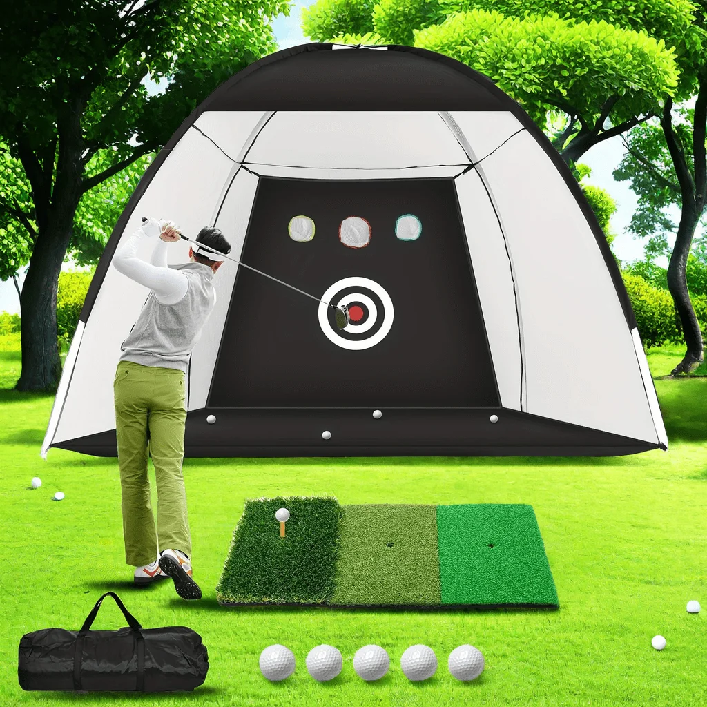 

Portable Golf Hitting Net with Training Mat 10x7FT for Backyard Driving Chipping Practice Includes Target and Balls