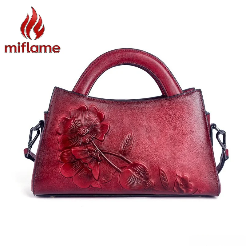Genuine Leather Shoulder Bag for Women Vintage Handbag with Flower Hand-Carved Logo-Free Minimalist Design
