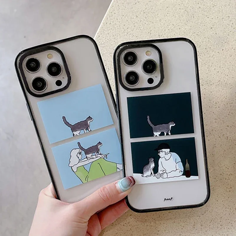 

Illustration Cats Boy Girl Upgrade Acrylic Border Phone Case Cover for IPhone 11 12 13 14 15 Pro Max Case for IPhone 15 Pro Max