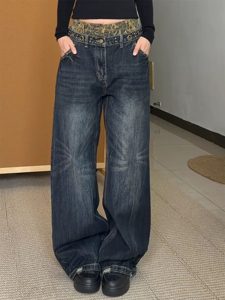 

Джинсы женские прямые с двойной талией, с леопардовым принтом и пэчворком, в американском стиле, больших размеров, свободного кроя, для полных женщин, широкие штанины