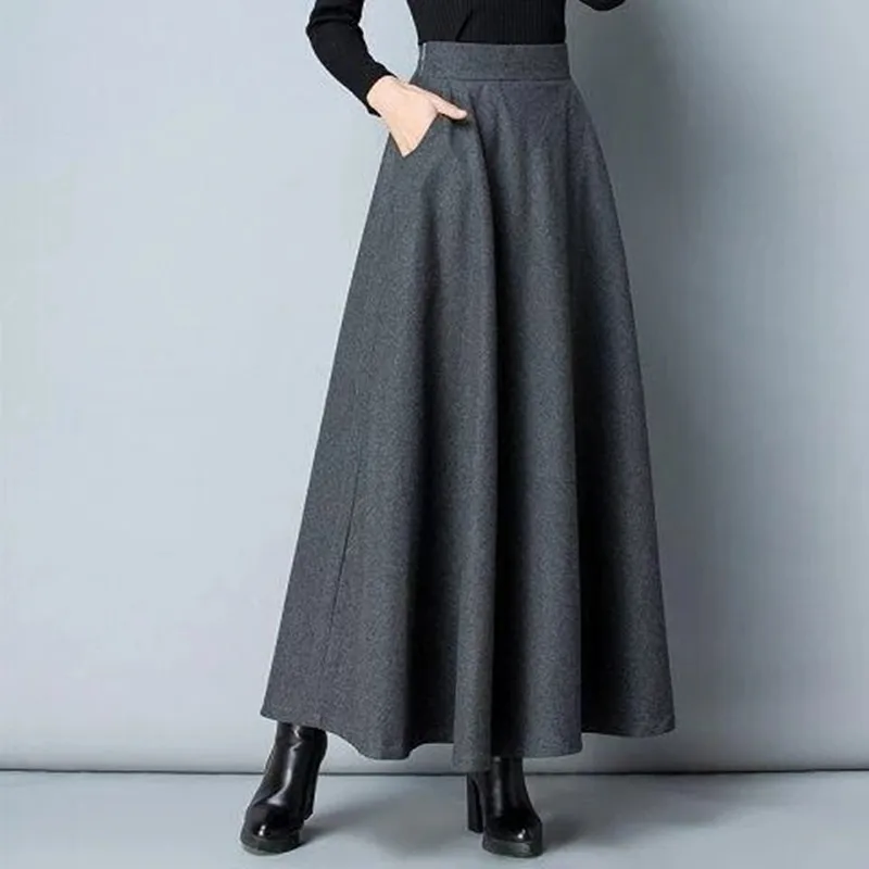 Winter Long Woolen Pleated Skirt Thick Warm Women Korean Ladies High Waist Elastic A-Line Solid Wine Red Black Gray Maxi Skirts