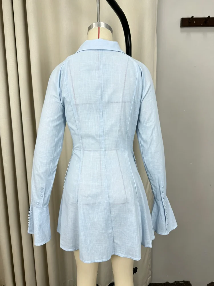Fashion Solid Slim Mini Dress Women Elegant Lapel Flare Long Sleeve Corset A-line Shirtdress Summer Female Daily Street Skirt