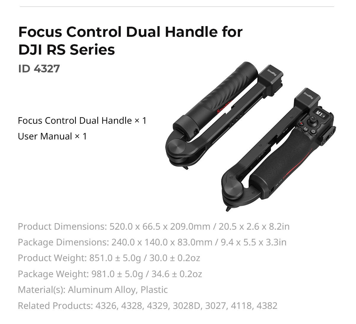 SmallRig Focus Control Dual Grip voor DJI RS 2, RS3 Pro, RS4 Pro Veelzijdige montagepoort Dubbele handgreep voor monitoren, microfoons