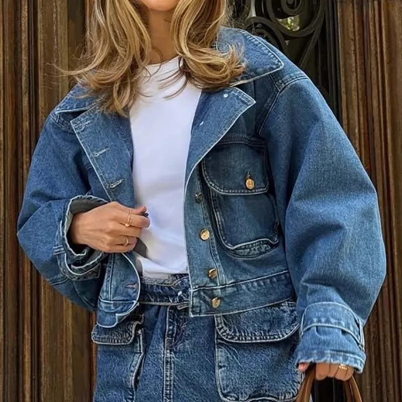 

Autumn Winter Women Casual Denim Coat Office Lady Lapel Long Sleeved Jacket Fashion Street Single Breasted Pocket Short Outwear