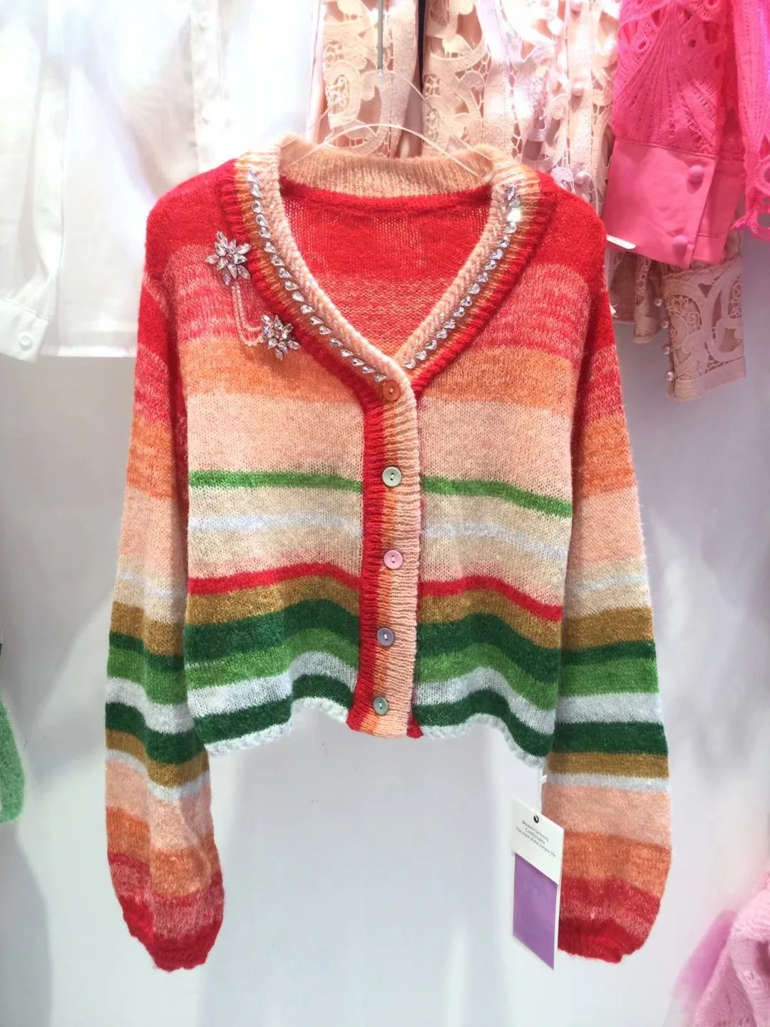 2024 Autumn Winter Knitted Cardigan Women Loose Rainbow Contrasting Striped Sweater Coat Knitwear Casual Soft Ladies Tops N141