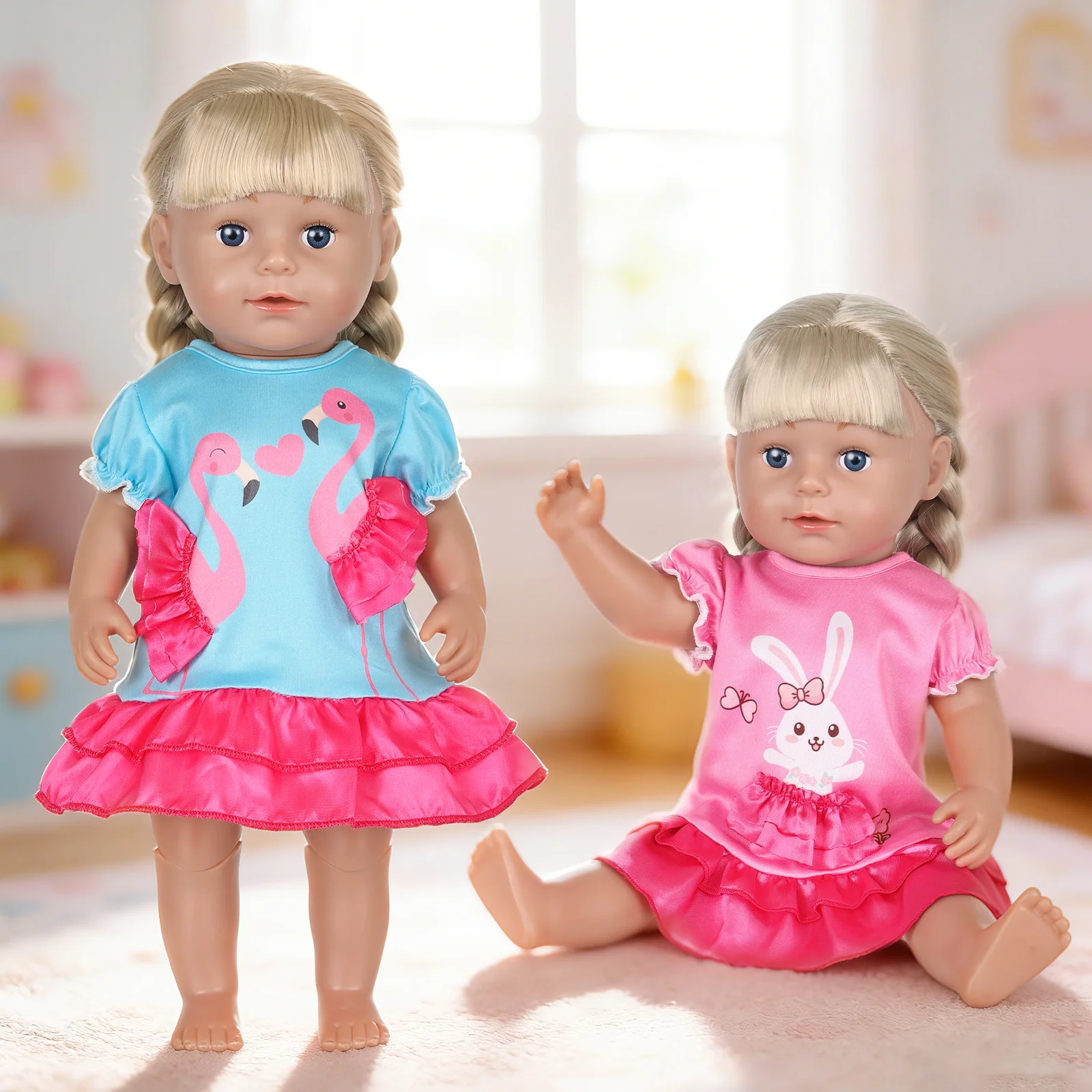 Lindo Vestido de Muñeca de 16-18 Pulgadas (40 cm) con Estampado de Conejito y Flamenco, Mangas con Volantes y Falda en Capas para Muñecas Bebé, Regalo para Niñas