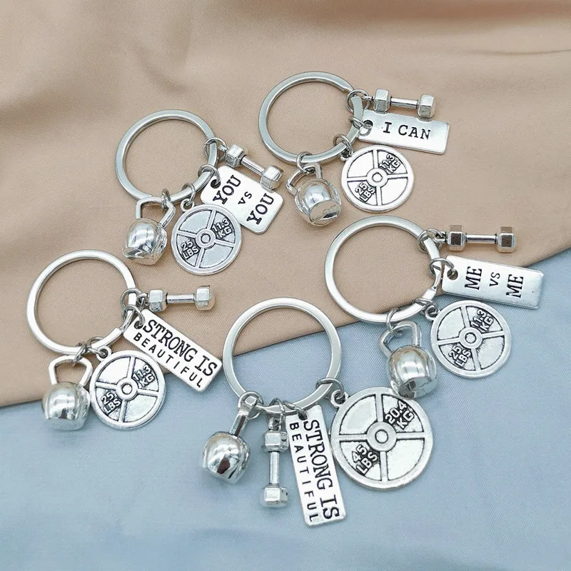 Fitness Equipment Stainless Steel Keychain Strength Sports Dumbbell Barbell Kettlebell Pendant Car Keyring Couple Jewelry Gifts