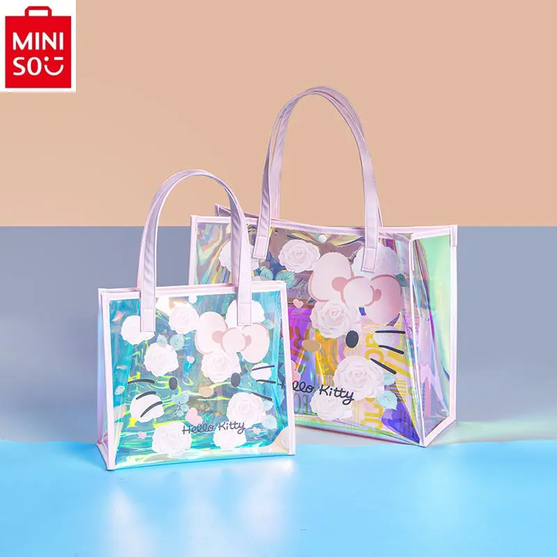 MINISO 2024 Fashion New Colorato Laser Trasparente Hello Kitty Borsa da spiaggia portatile impermeabile di grande capacità per esterni da donna