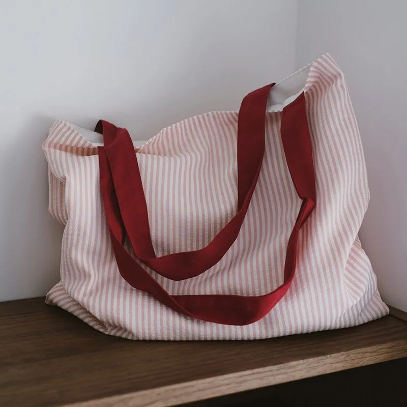 Practical Large-capacity Canvas Bag Double-layer Design Fashion Handbag Simple Striped Shoulder Bag Foldable Travel Tote Bags