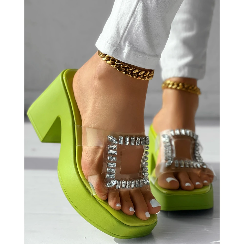 

Fashion Women Clear Strap Chunky Heeled Sandals Lady Summer Casual Rhinestone Decor Going Out Sandals Platform Shoes Party