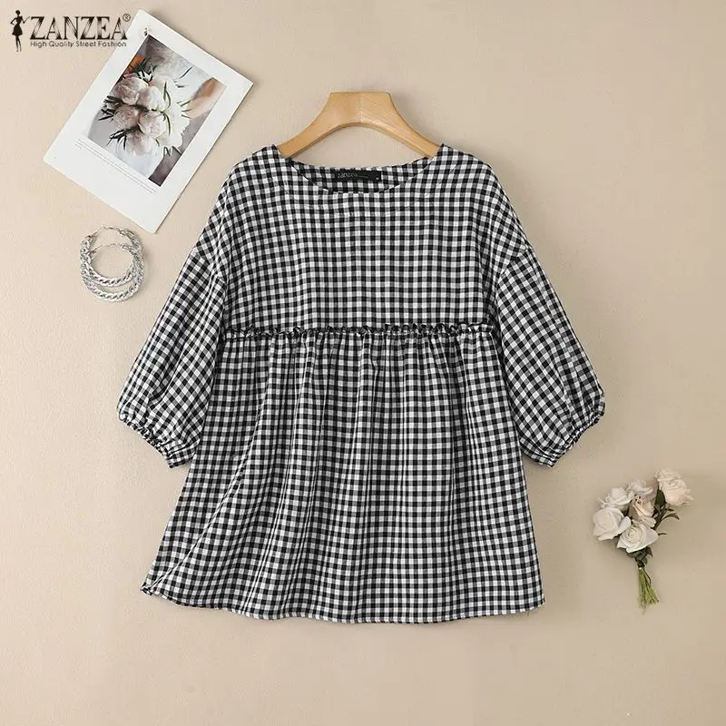 

Летняя блузка в клетку ZANZEA 2026 для женщин, с круглым вырезом, коротким рукавом, стильная повседневная свободная рубашка для отпуска, женская офисная блузка