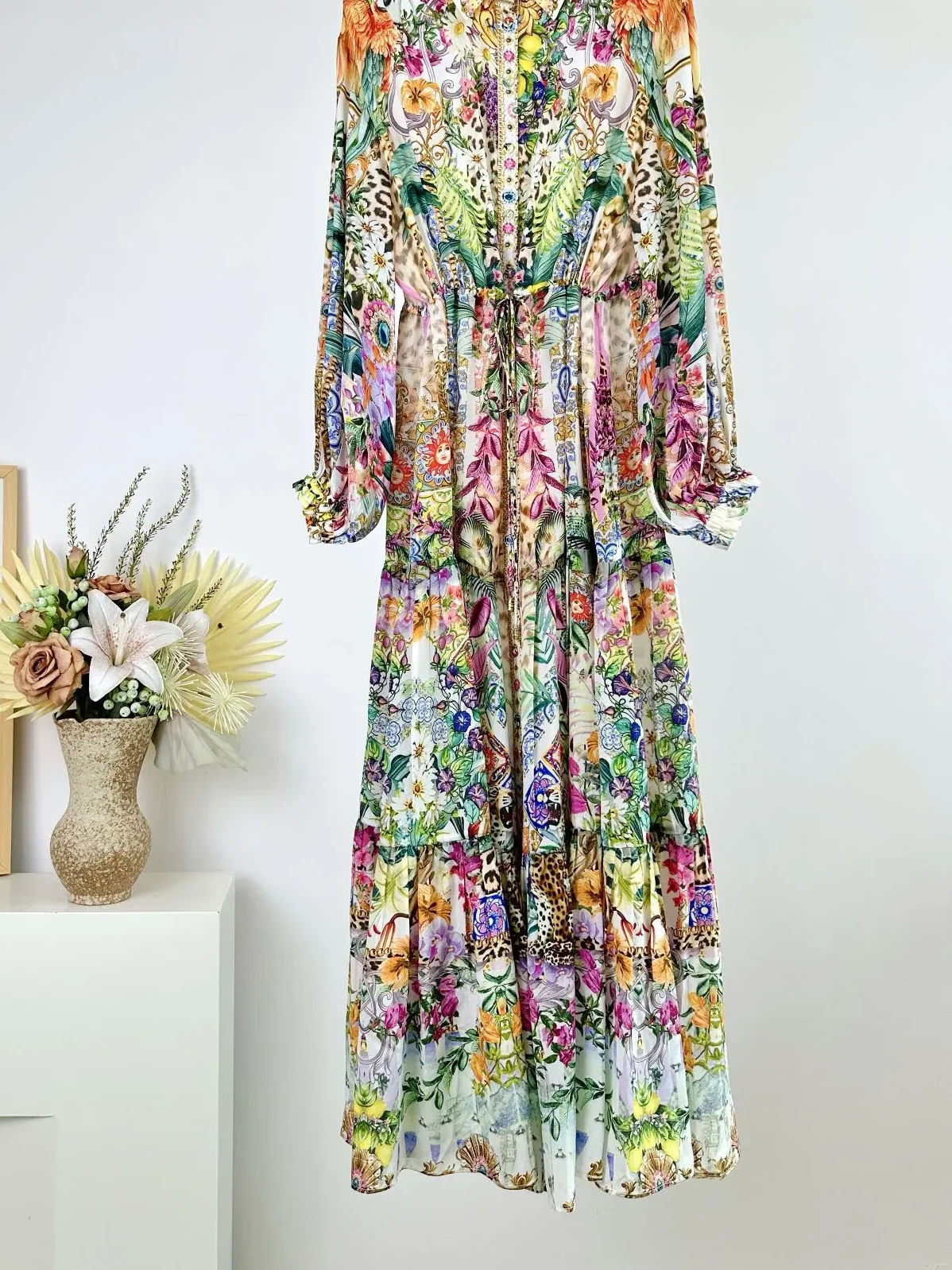 Women Beaded Midi Dress Floral Printed Turn-down Collar Long Sleeve Elegant 100% Silk Robe